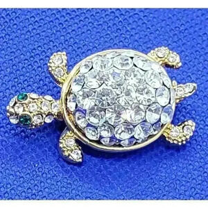 Vintage Brooch Turtle tortoise 10k Gold Plate Rhinestone Covered 3D Figural